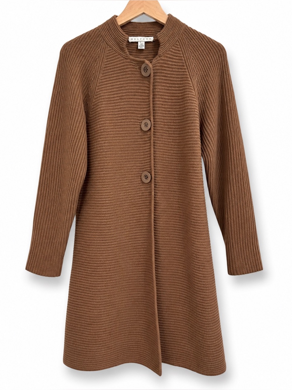 Belford 100% Pima Cotton Long Cardigan Sweater Brown Ribbed XL